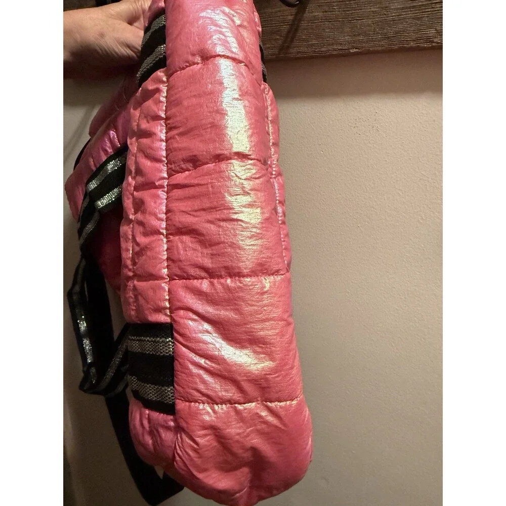 Justice Shiny Pink Quilted Tote with Black & Silver Straps EUC